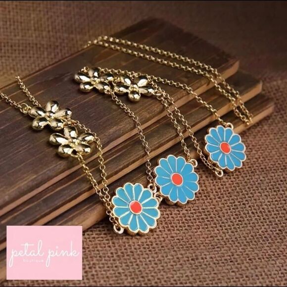 FABULOUS High-End Long Enamel Flower Necklace Blue Gold - Picture 4 of 7